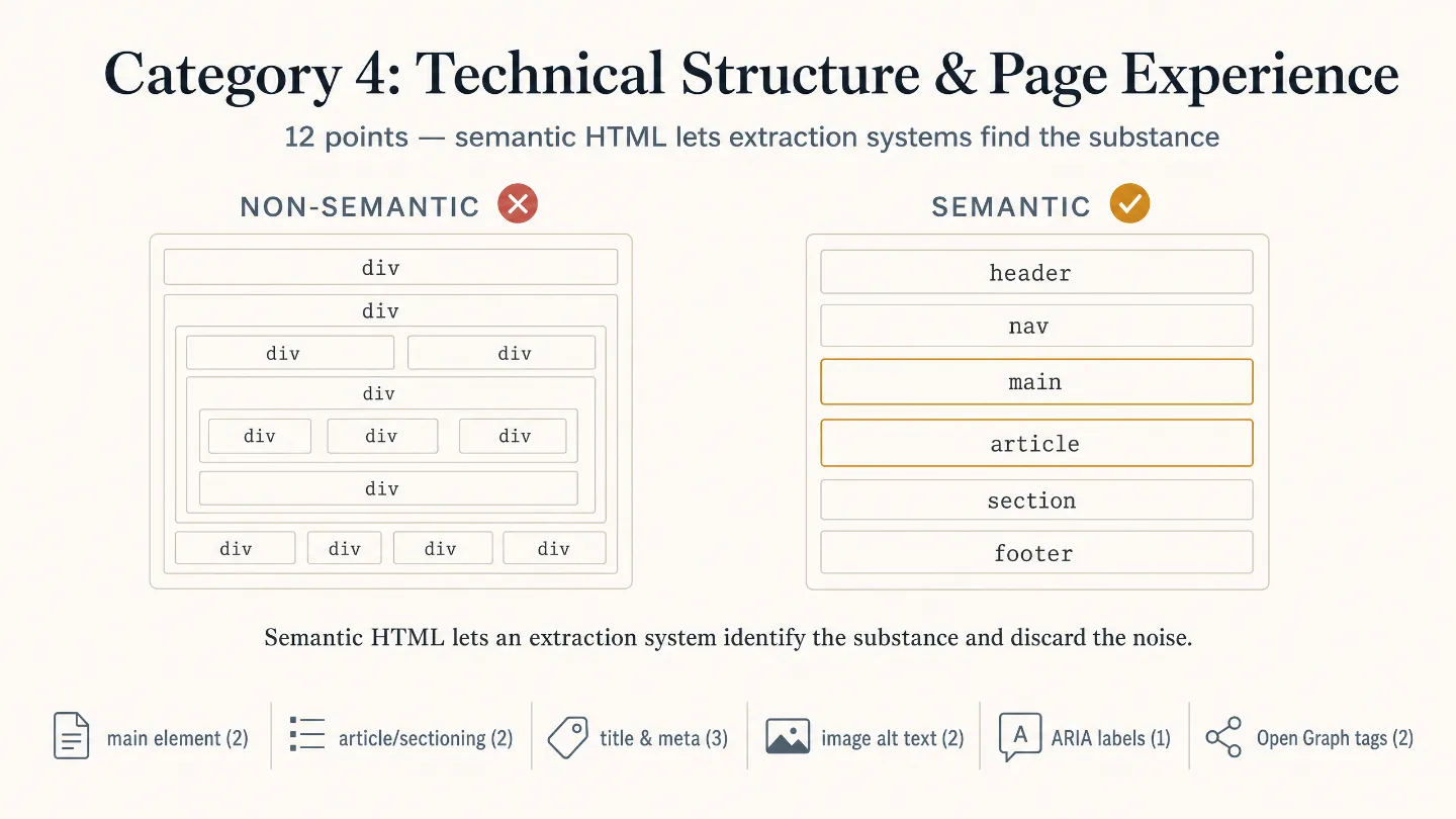 Category 4, Technical Structure and Page Experience, worth 12 points: a non-semantic layout built from deeply nested generic div elements marked with a red cross, contrasted with a semantic layout using header, nav, main, article, section and footer elements marked with a tick.