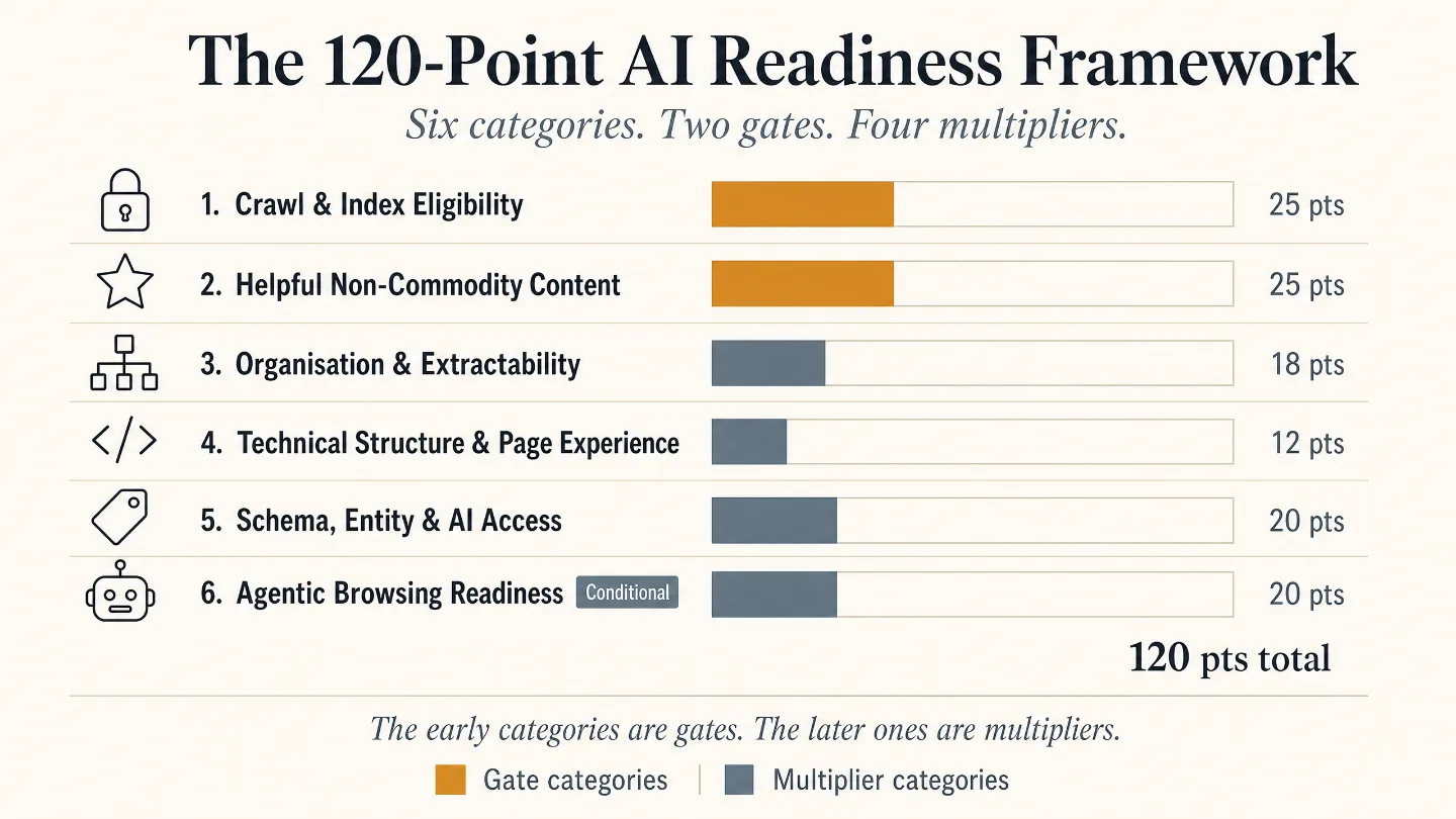 Horizontal bar chart of the 120-point AI Readiness Framework across six categories: Crawl and Index Eligibility (25 points) and Helpful Non-Commodity Content (25 points) are gate categories; Organisation and Extractability (18), Technical Structure and Page Experience (12), Schema, Entity and AI Access (20), and Agentic Browsing Readiness (20, conditional) are multiplier categories, totalling 120 points.