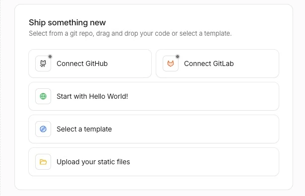 The Cloudflare dashboard 'Ship something new' panel, showing options to connect GitHub or GitLab, start with Hello World, select a template, or upload your static files.