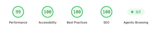 PageSpeed Insights desktop scores for stephensumner.com: Performance 99, Accessibility 100, Best Practices 100, SEO 100, Agentic Browsing 3 of 3.