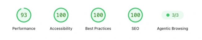 PageSpeed Insights mobile scores for stephensumner.com: Performance 93, Accessibility 100, Best Practices 100, SEO 100, Agentic Browsing 3 of 3.